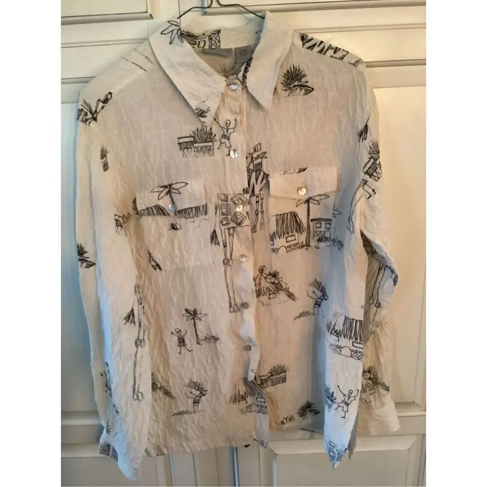 Chico’s Linen Silk Safari Print Button Down Shirt Sz 2 US 12 Black White